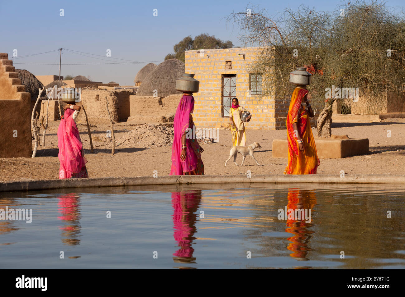 L'Inde, du Rajasthan, des femmes portant de l'eau réservoir près de village Banque D'Images
