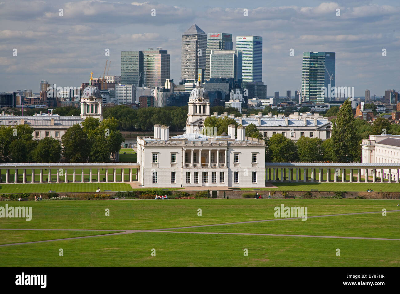 Secteur Wharfe et le centre de Londres, à partir de Greenwich Park Banque D'Images