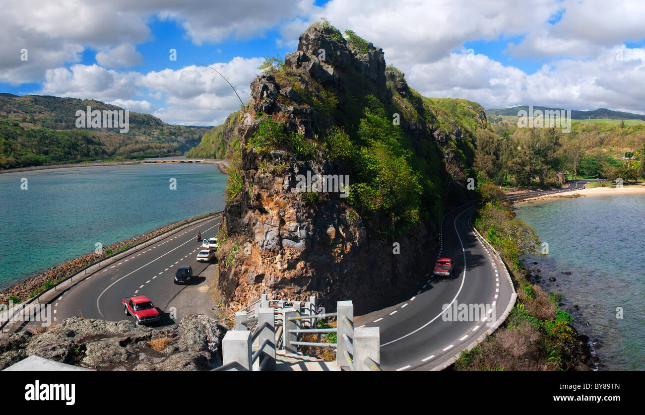 Un panorama au sommet des falaises de l'établissement Le Petit Cap, baie du Cap, Savanne, Maurice. Banque D'Images