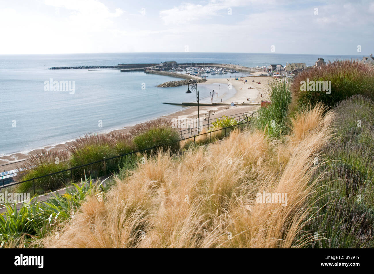 Vue sur Jardins Langmoor vers la plage et le quartier du port à Lyme Regis, dans le Dorset Banque D'Images