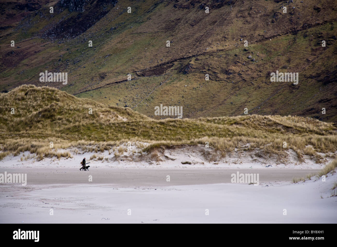 Homme marche avec le chien et la canne à pêche sur les dunes de sable Banque D'Images