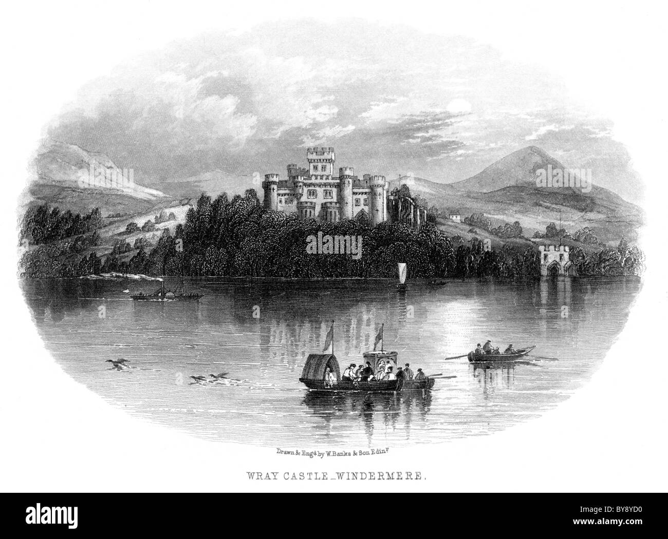 Une gravure intitulée Wray Castle - Windermere numérisées à haute résolution à partir d'un livre sur le Lake District avant 1864 publié Banque D'Images