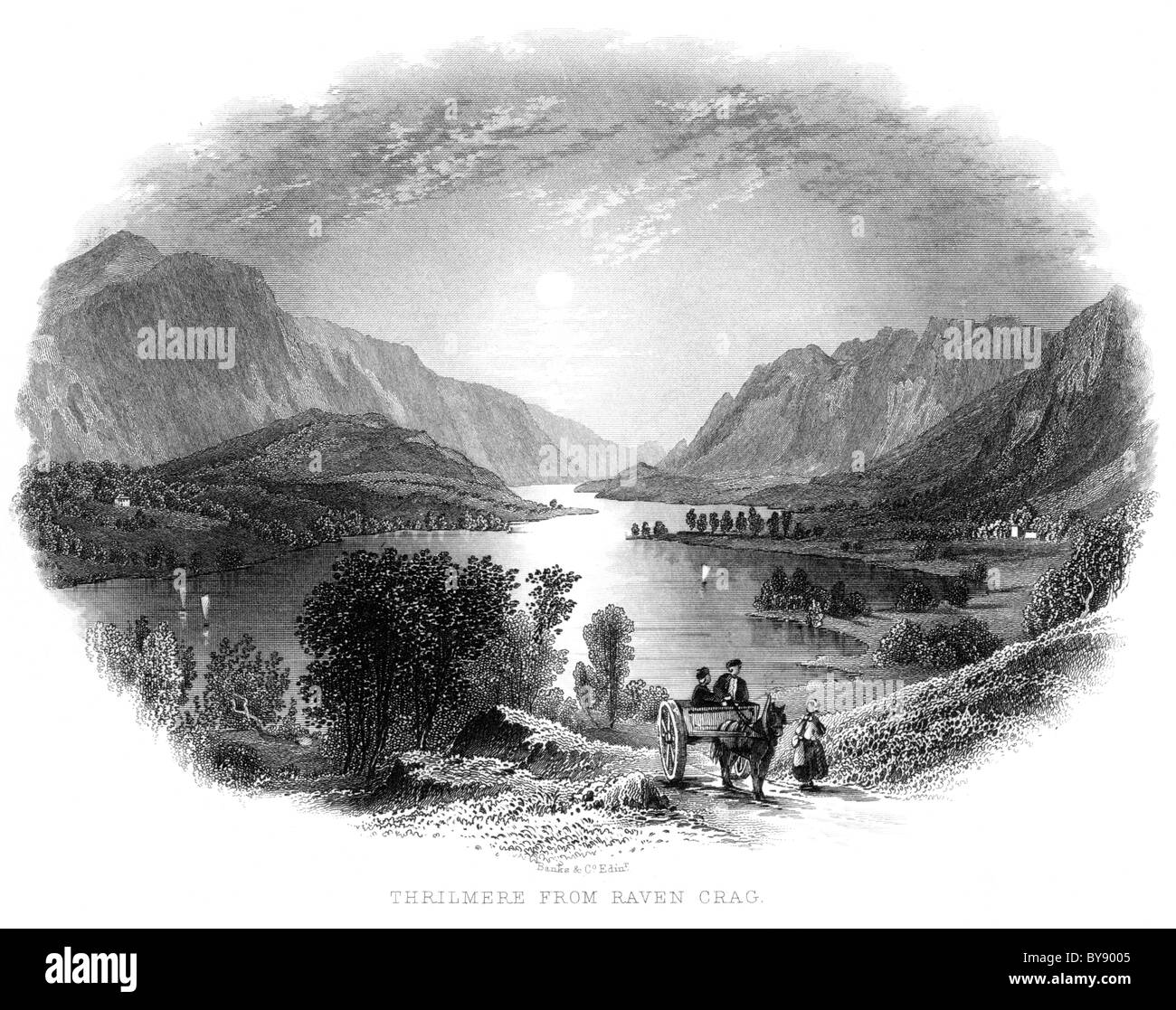 Une gravure intitulée Thrilmere de Raven Crag numérisées à haute résolution à partir d'un 1864 livre sur le Lake District. (Thirlmere) Banque D'Images