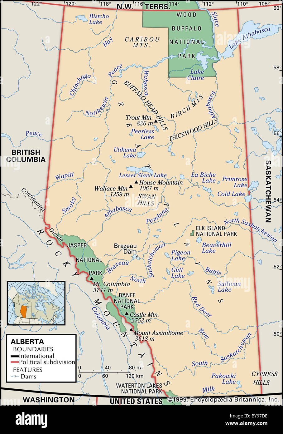 Carte Physique de l'Alberta Banque D'Images