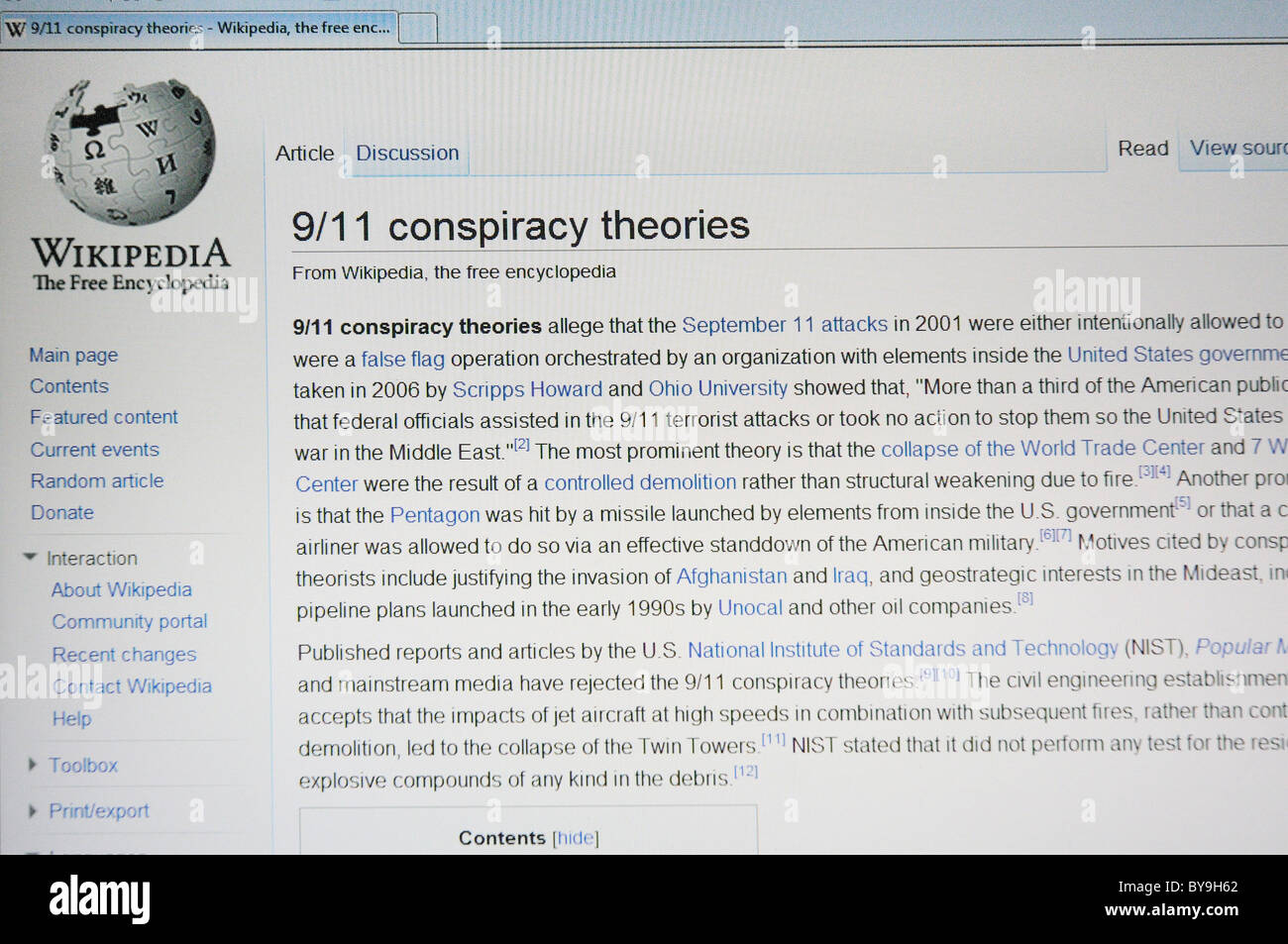 Une recherche wikipedia pour le 11 septembre 2001 les théories du complot Banque D'Images