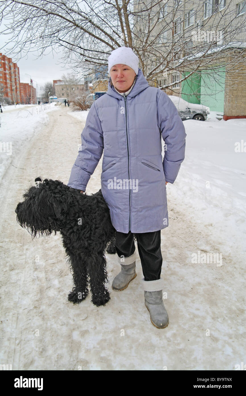 Chien Terrier Noir Russe avec la maîtresse dans la rue, l'hiver dans la région de Moscou, Russie Banque D'Images