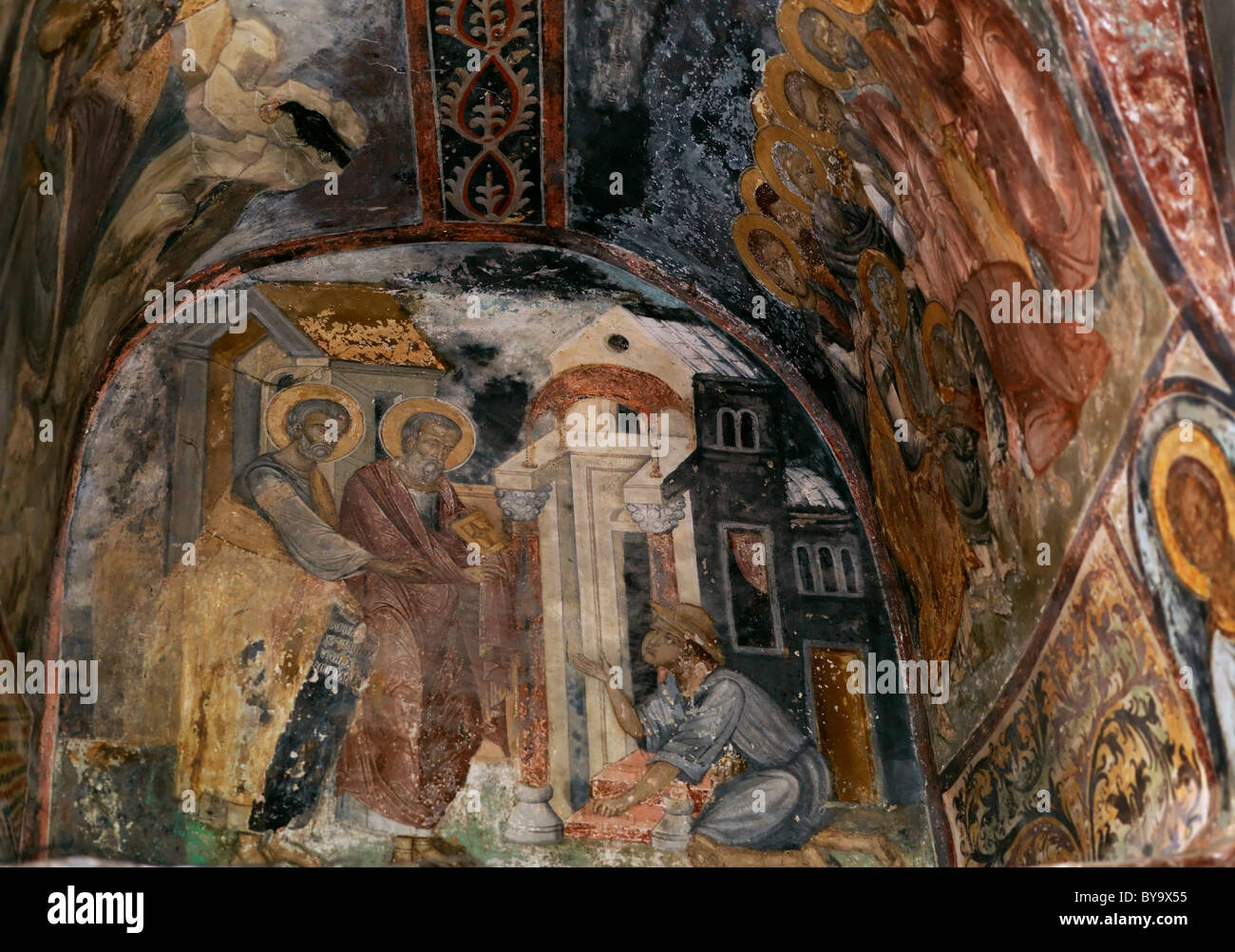 Chora Grèce Patmos Monastère Saint Jean le Théologien fresques byzantines dans le narthex Banque D'Images