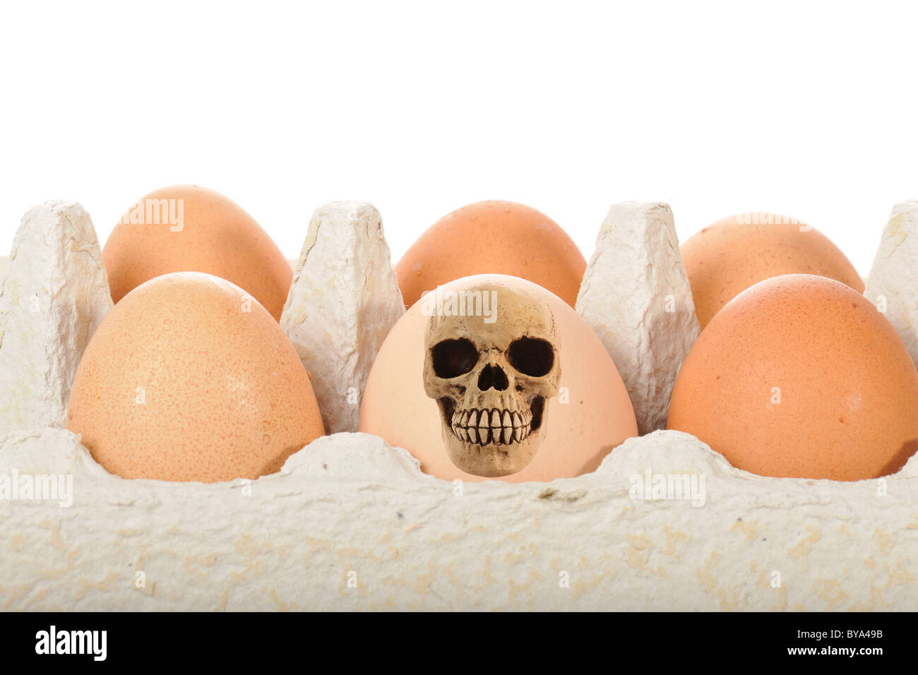 Crâne, oeufs, image symbolique de la nourriture contaminée, dioxine, scandale de l'alimentation animale Banque D'Images