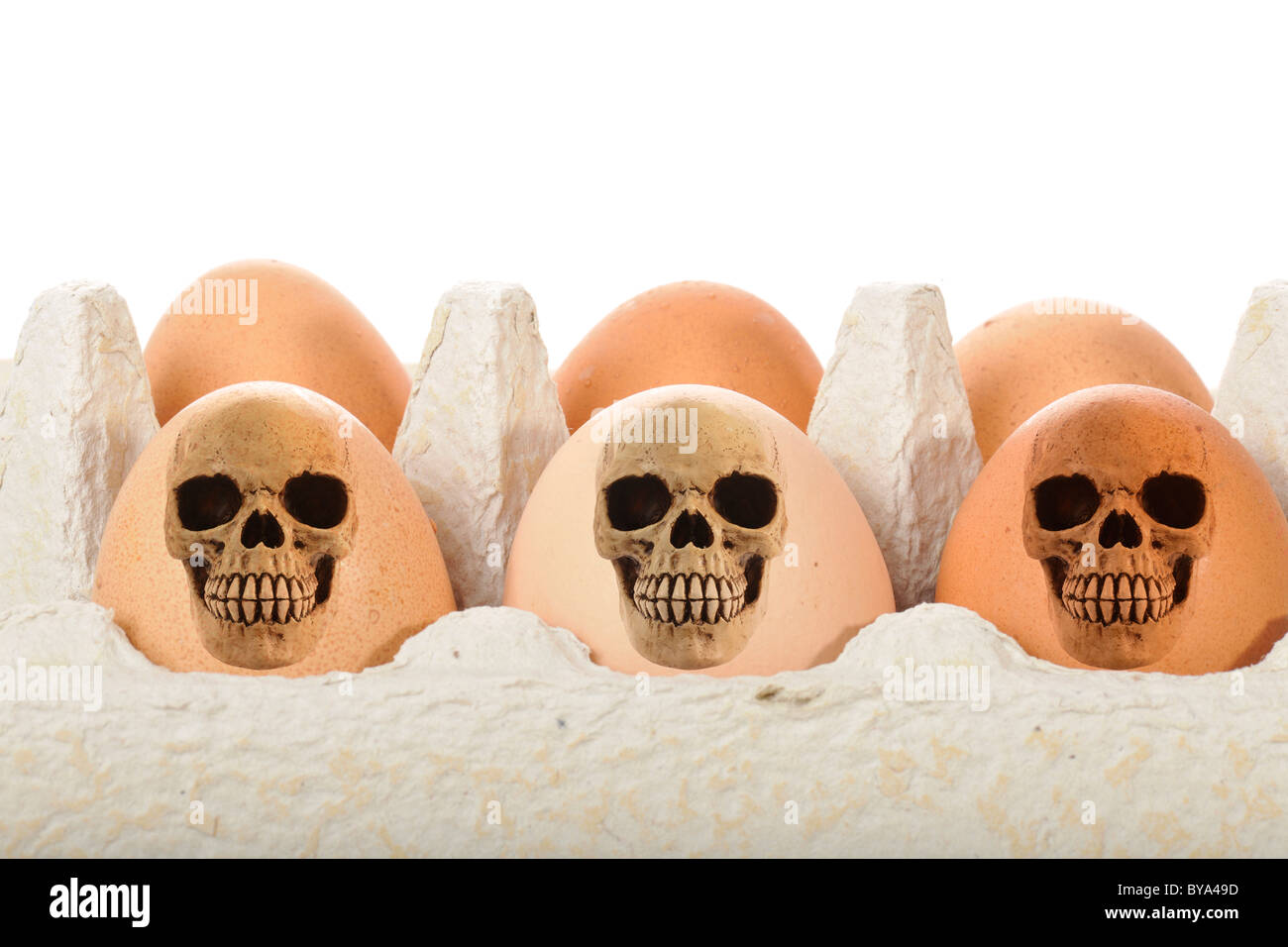 Des crânes, des œufs, de l'image symbolique de la nourriture contaminée, dioxine, scandale de l'alimentation animale Banque D'Images