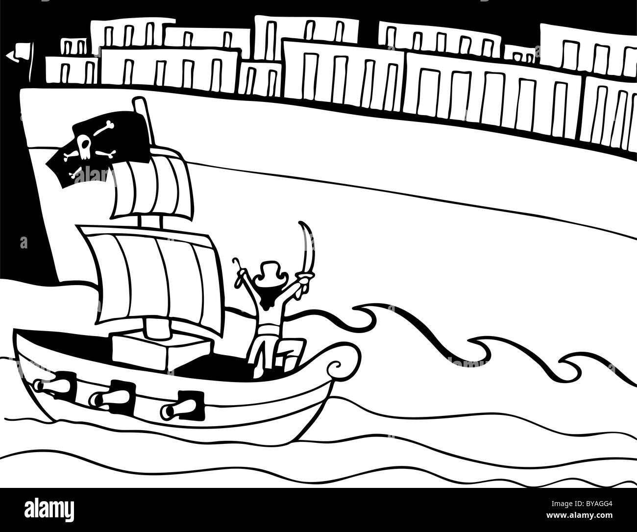 Image de pirates qui attaquaient un cargo. Banque D'Images