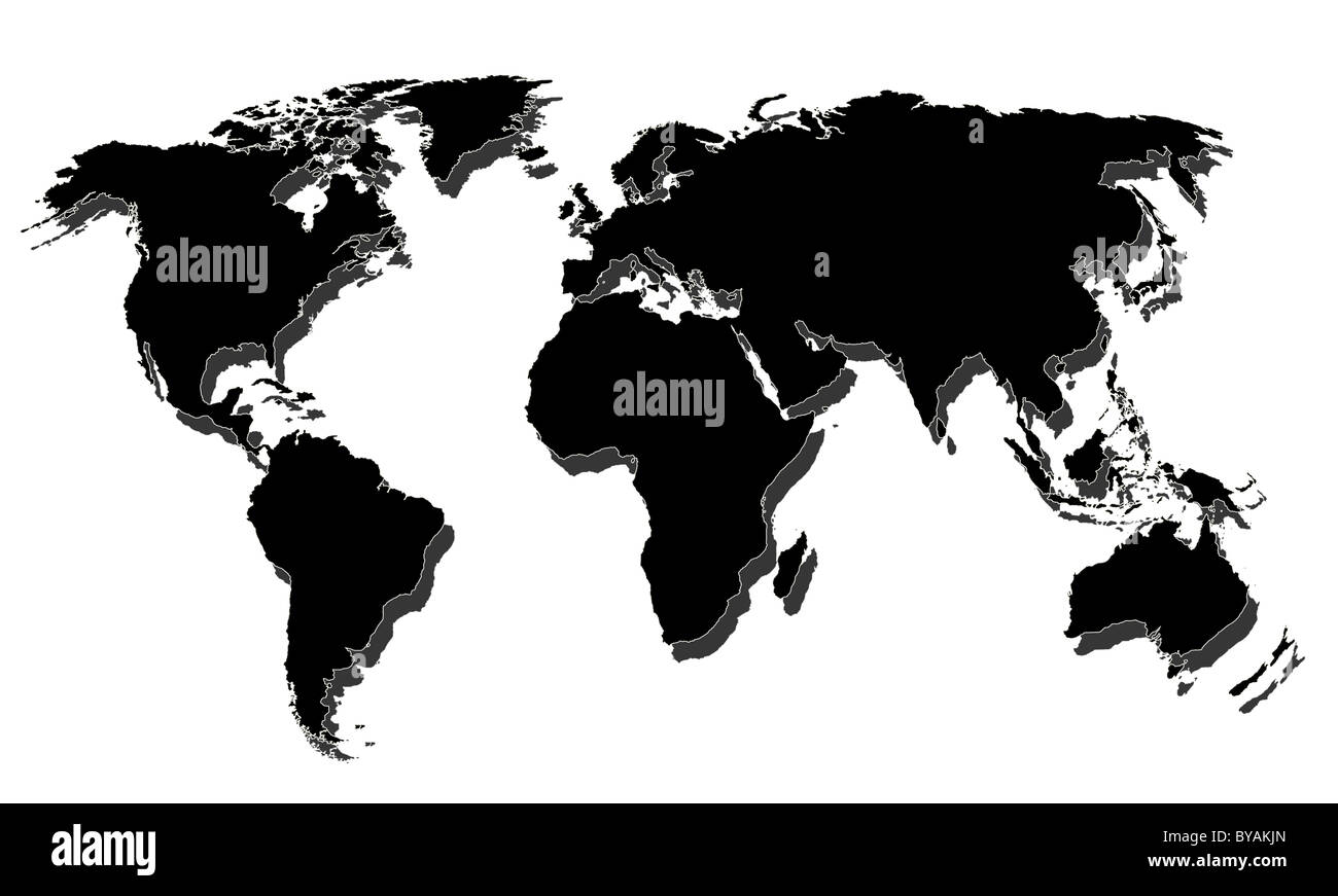 Carte du monde avec une ombre isolé sur blanc. Plan référence : http://veimages.gsfc.nasa.gov/3446/lcc global 2048.jpg Banque D'Images