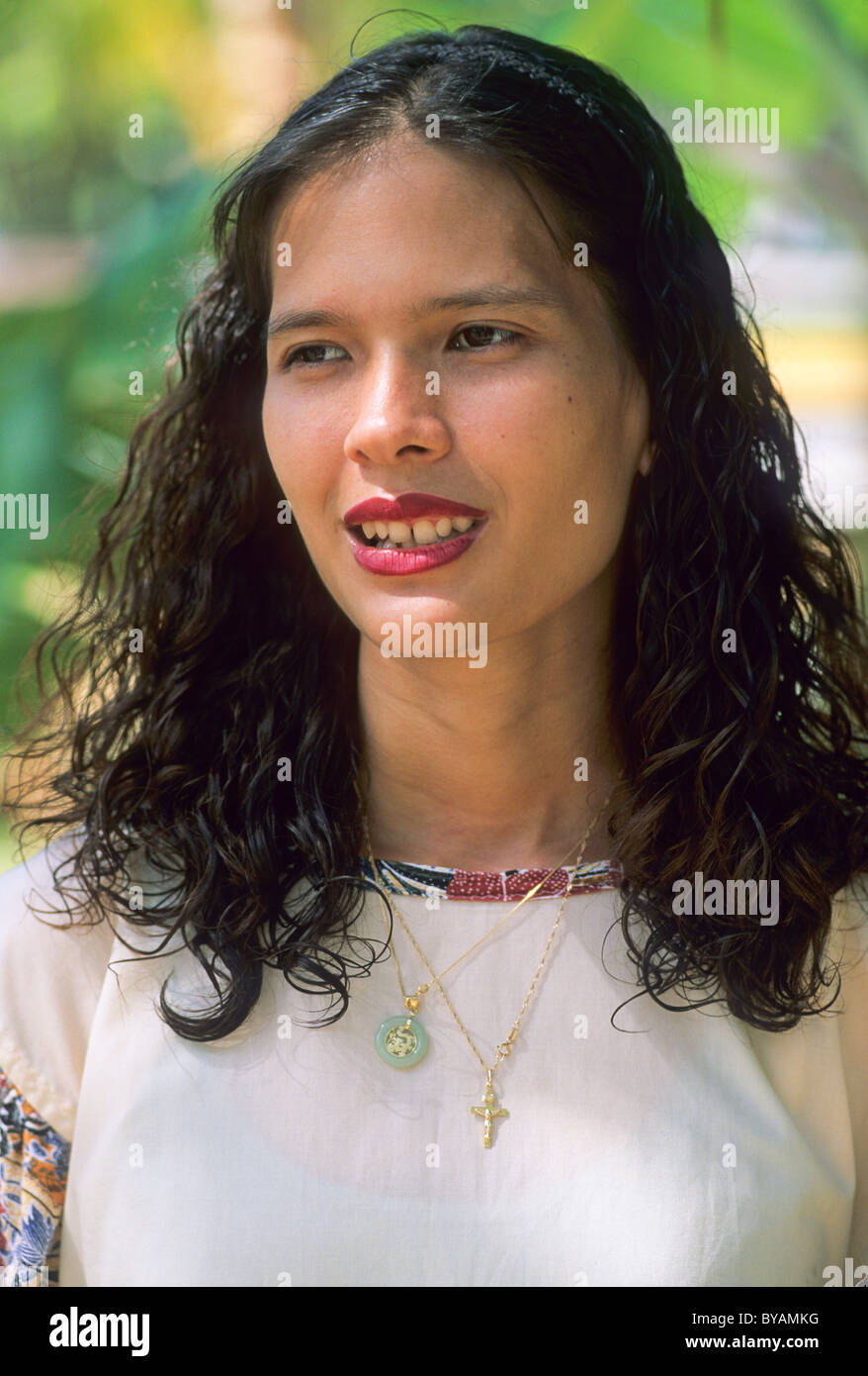 Elk166-1802 Micronésie Guam Inarajan Centre Culturel Chamorro Chamorro tour guide Banque D'Images
