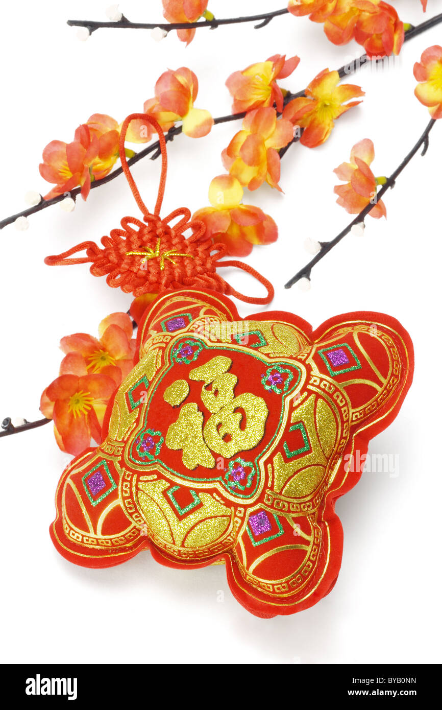 Close up de l'ornement traditionnel du Nouvel An chinois et de prunier sur fond blanc Banque D'Images