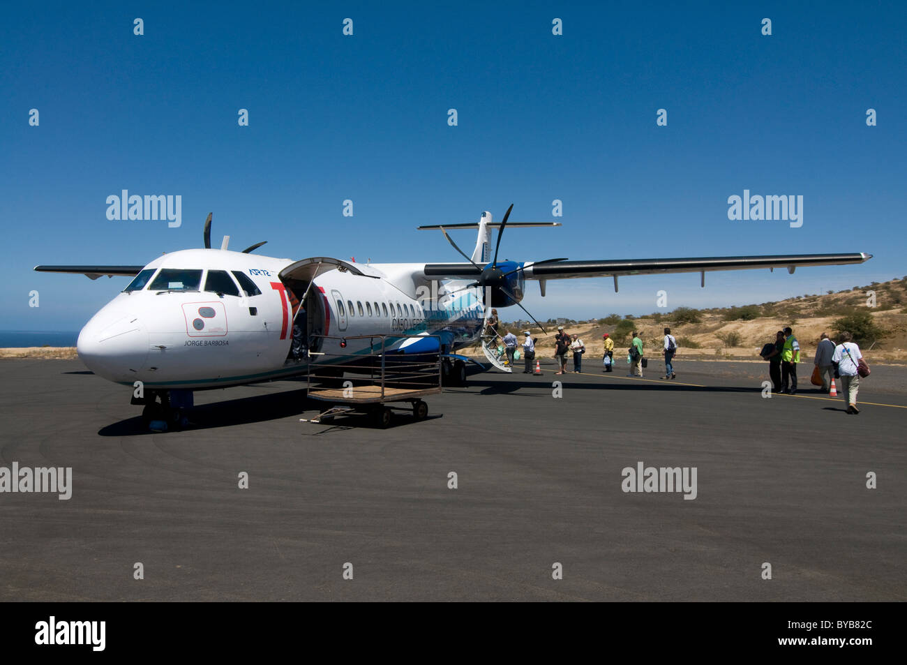 Avion à l'aéroport, San Felipe, Fogo, Cabo Verde, Cape Verde, l'Afrique Banque D'Images