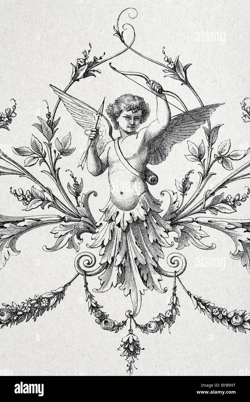 Vignette avec Cupidon et de vrilles, gravure sur acier, illustration de livres, de Roméo et Juliette de Shakespeare, édition de 1890 Banque D'Images