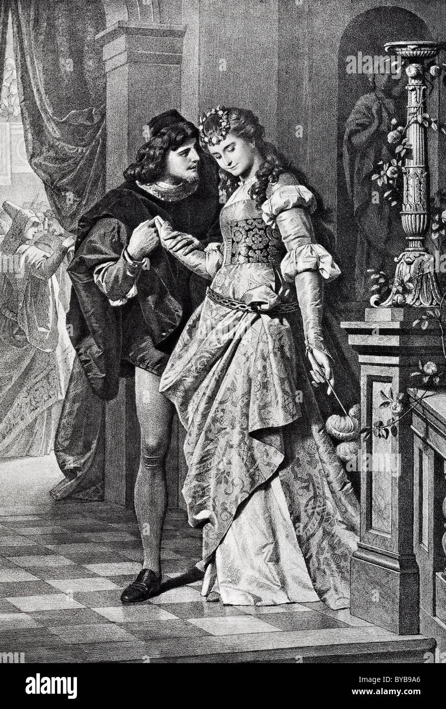 Couple wearing costume, gravure sur acier, illustration de livres, de Roméo et Juliette de Shakespeare, édition de 1890 Banque D'Images