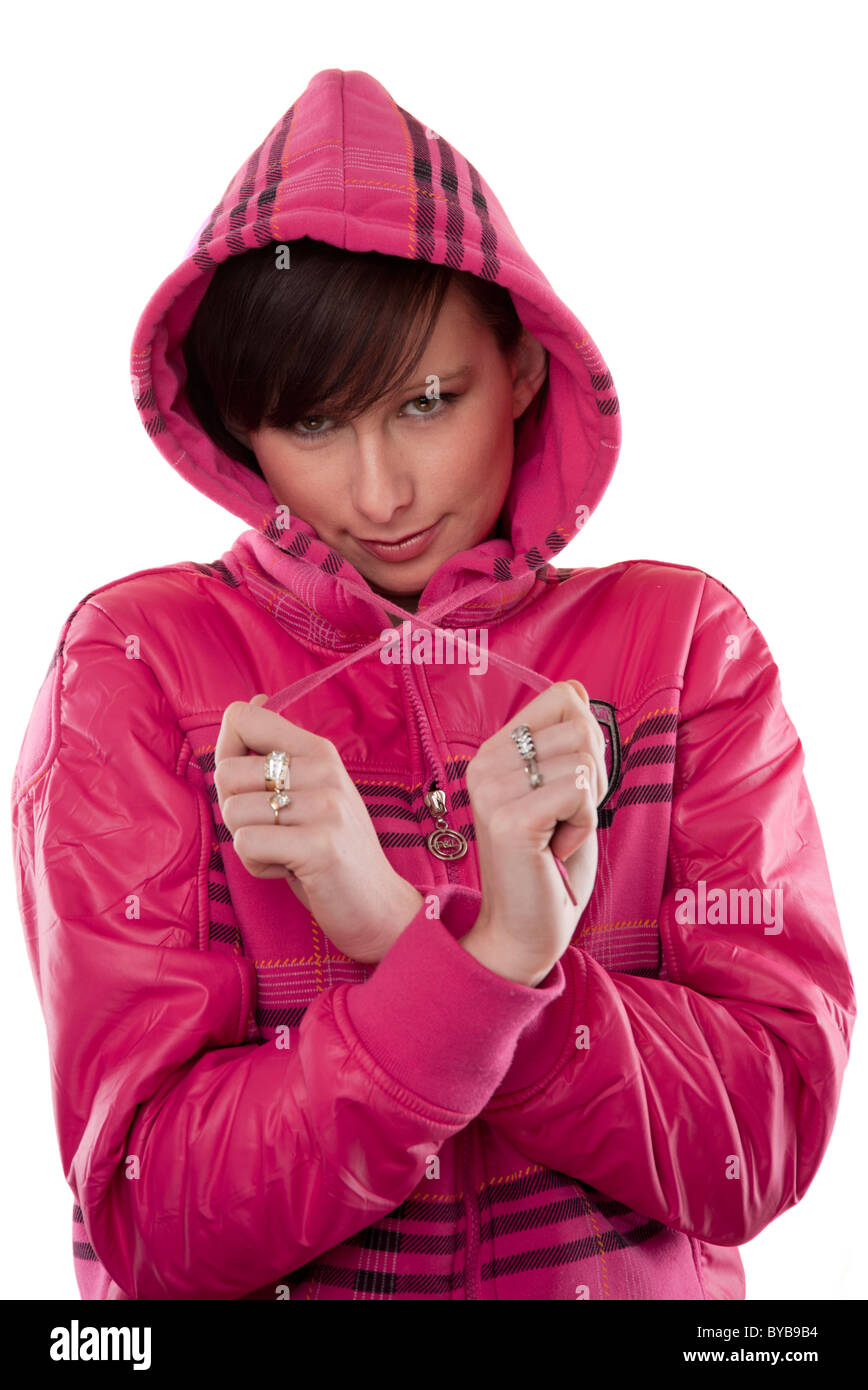 Girl in cheap pink hoodie