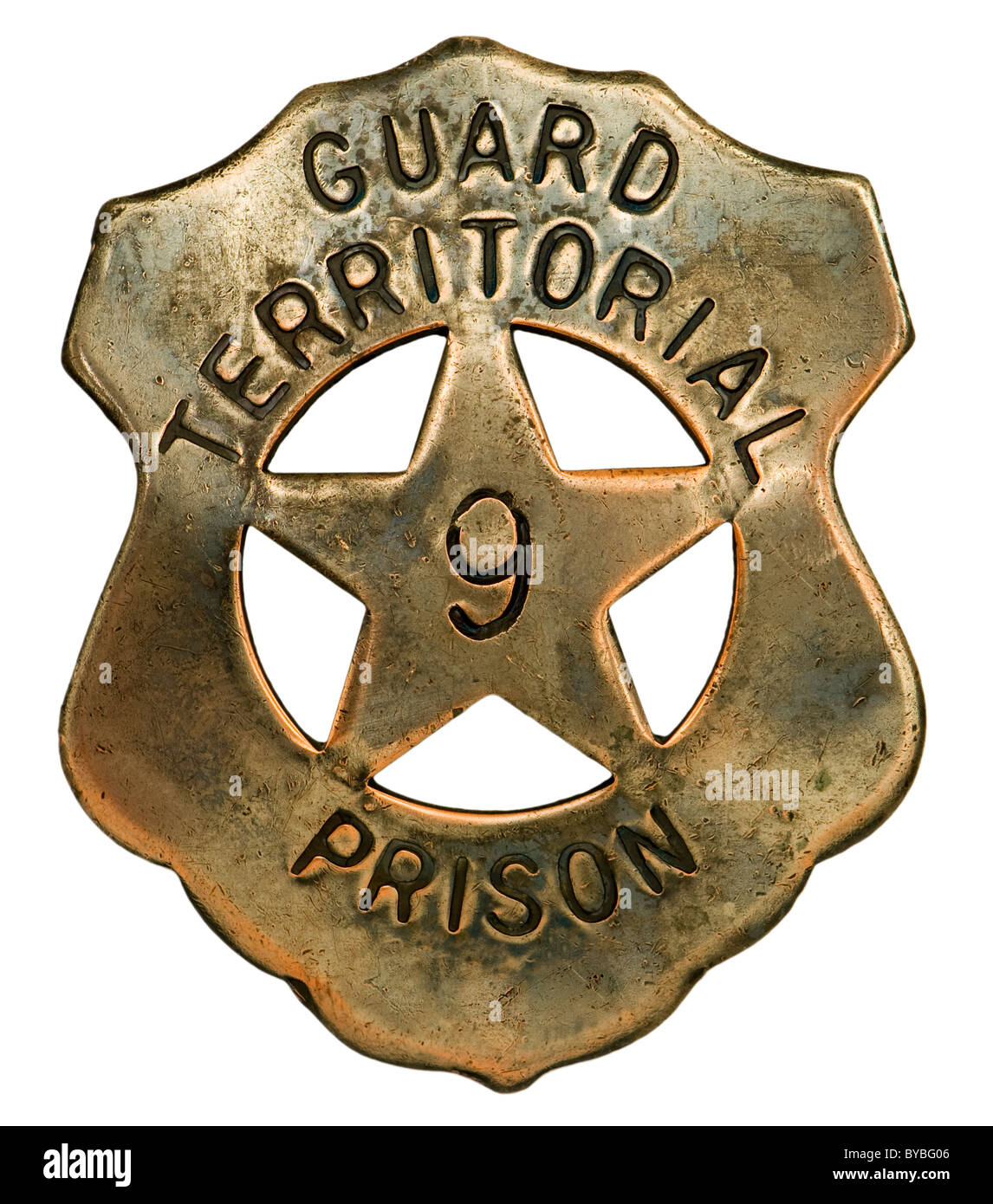 Vieux d'un insigne porté par les gardiens de prison au Yuma Territorial Prison de l'Arizona de l'Ouest sauvage américain. Banque D'Images