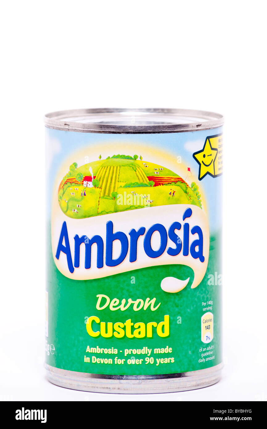 Une boîte de crème Devon Ambrosia sur fond blanc Banque D'Images