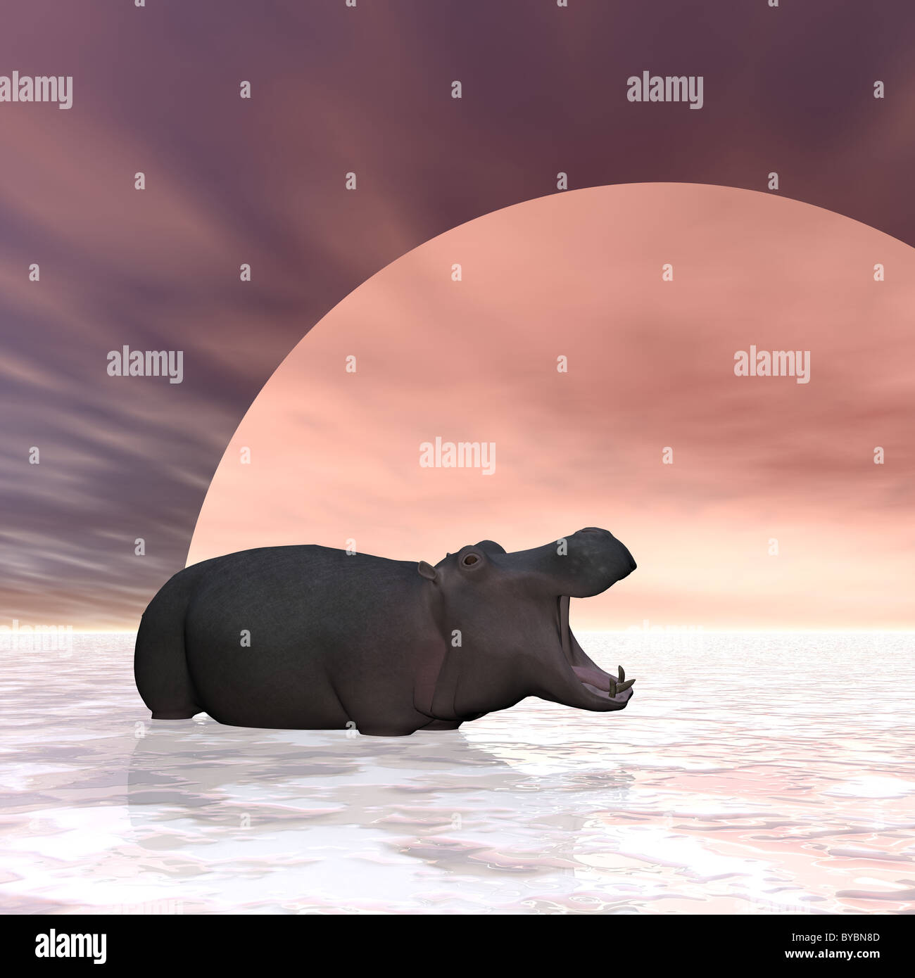 Illustration d'un hippopotame debout dans un lac gelé Banque D'Images