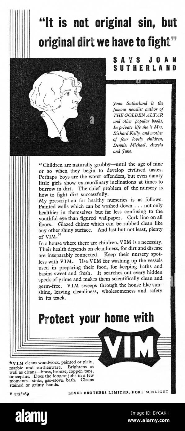 Années 1920 annonce dans une revue pour vim poudre nettoyage par Lever Brothers de Port Sunlight Banque D'Images