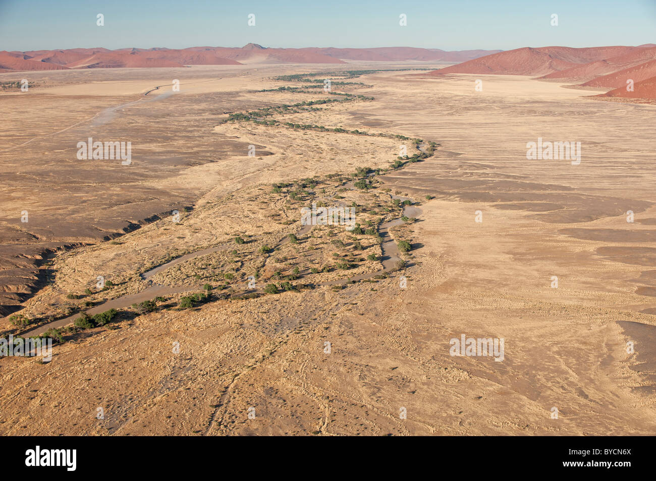 Le Canyon de la rivière Tsauchab, avec les dunes de sable rouge près de Sossusvlei, le parc de Namib Naukluft, centre de la Namibie. Banque D'Images