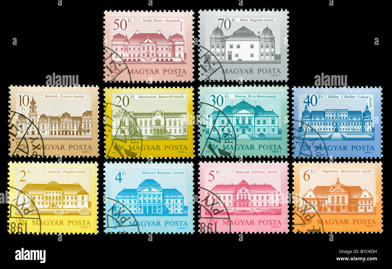 Collection de timbres de Hongrie avec manor houses Banque D'Images