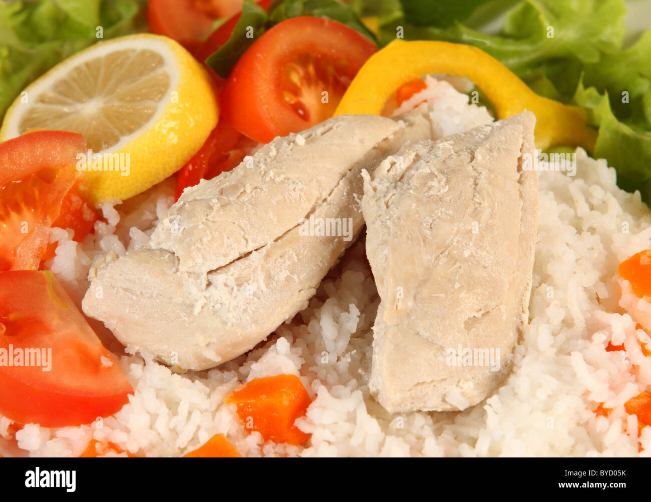 La poule au pot et le riz avec salade, un repas pour un strict régime faible en gras ou pour des affections telles que le diabète ou une pancréatite. Banque D'Images