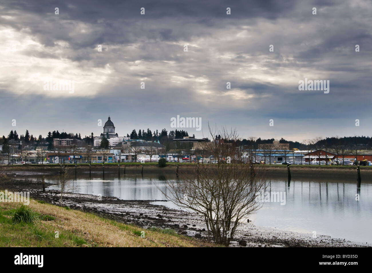 Voir d'Olympie et le Capitol dome de East Bay Waterfront Park sur la rive sud de Puget Sound. Banque D'Images Voir d'Olympie et le Capitol dome de East Bay Waterfront Park sur la rive sud de Puget Sound. Banque D'Images