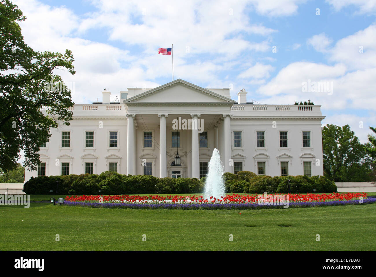 La Maison Blanche à Washington DC au printemps avec fontaine et de tulipes rouges. Banque D'Images