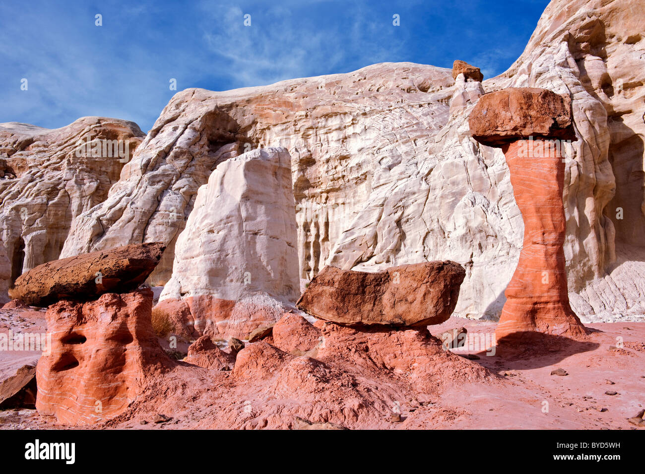 Les formations de grès appelée "toadstools" appuyé sur le roc des colonnes dans l'Utah's Grand Staircase-Escalante National Monument. Banque D'Images