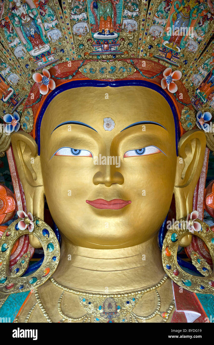 Le bouddhisme tibétain, Bouddha Maitreya, le Bouddha du futur, portrait, statue de Bouddha, Thiksey Gompa, monastère de Tikse, Tikse Banque D'Images