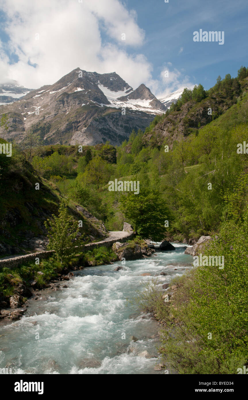 Vue vers le cirque de Gavarnie et la rivière gavarnie. river et des paysages de montagne. parc national des Pyrénées, les Pyrénées, France. juin. Banque D'Images