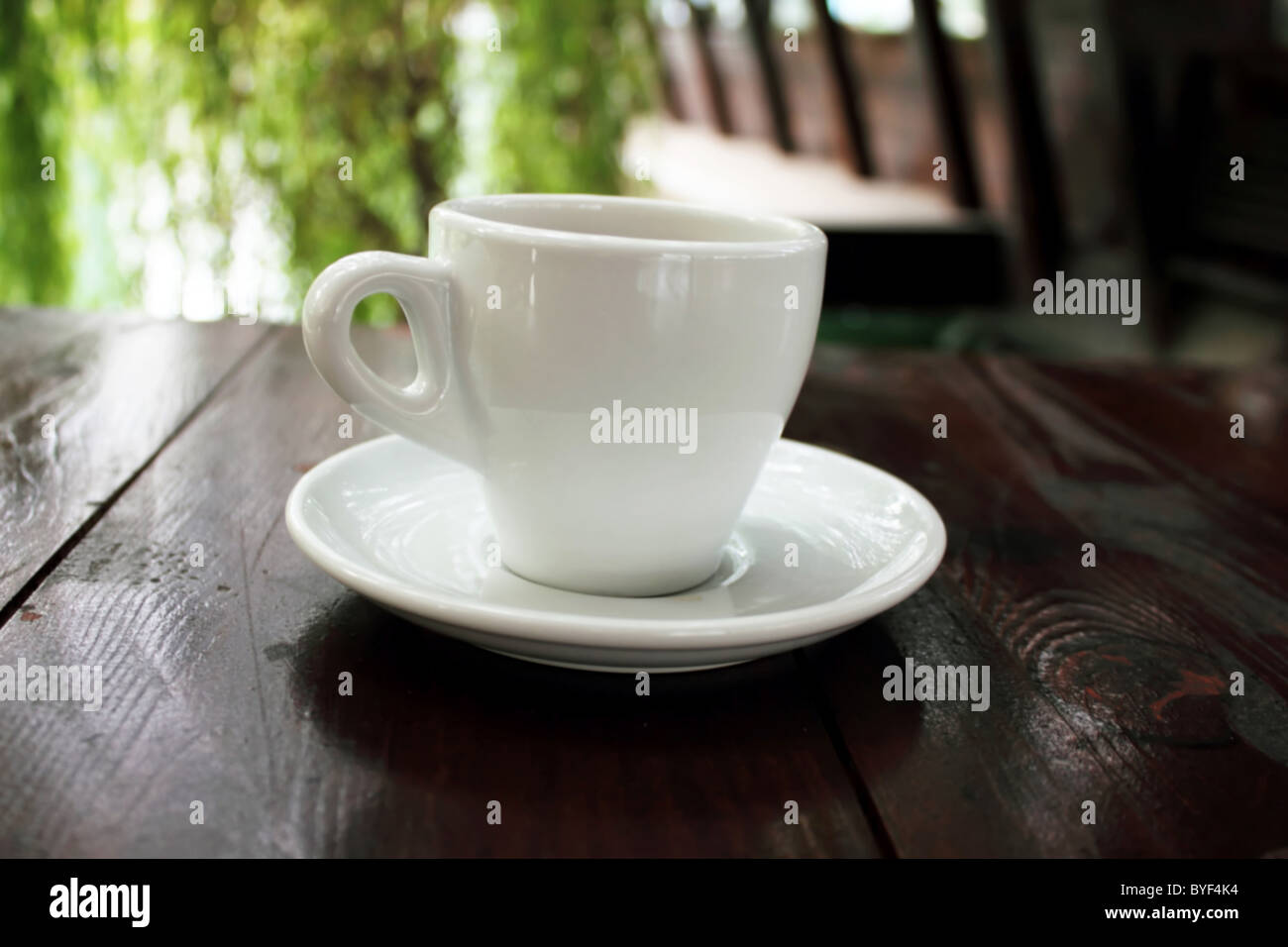 Tasse de cappuccino sur table en bois sombre, près du lac Banque D'Images