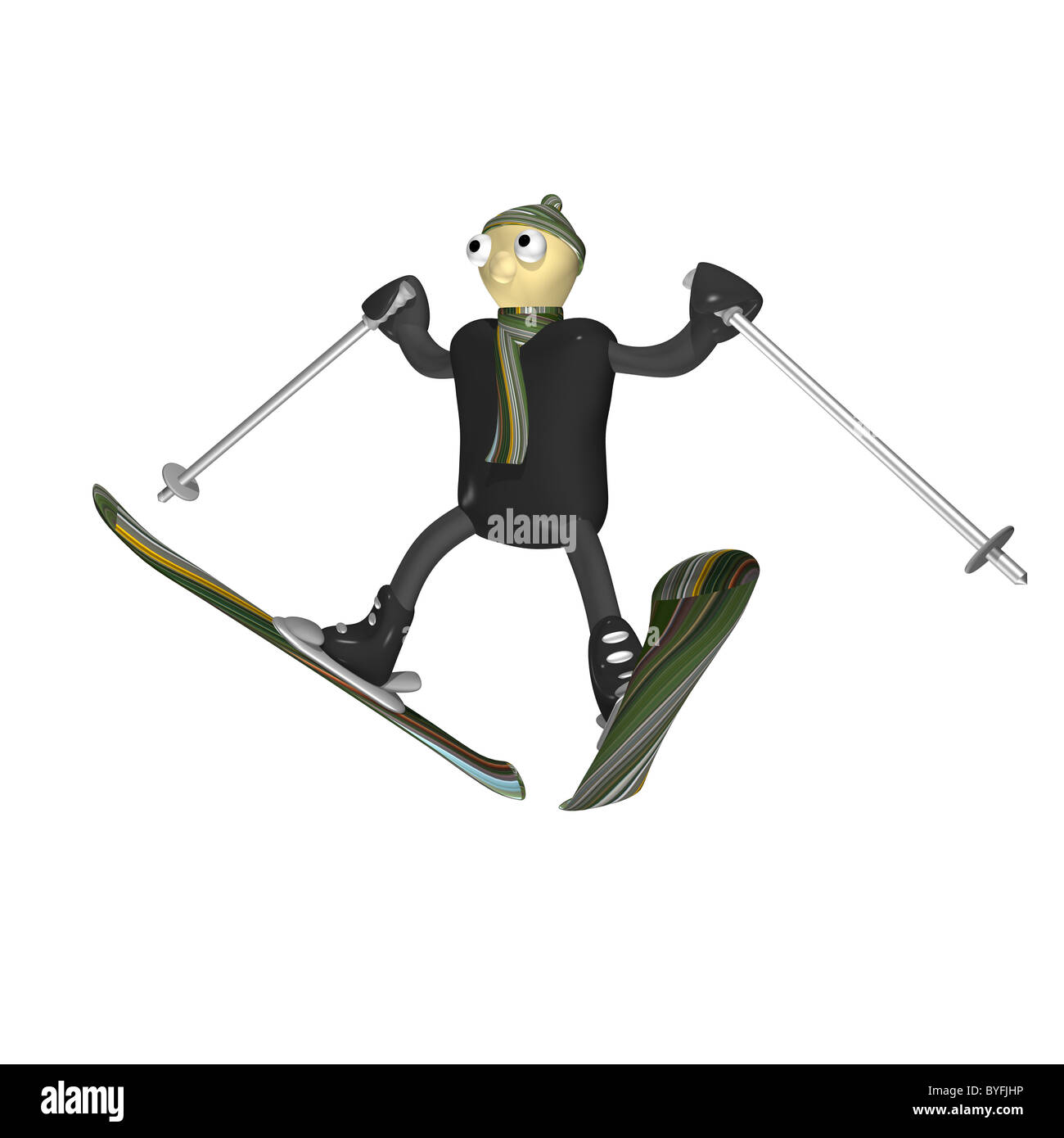 Le petit homme Le skieur saute sur la montagne Ski de montagne, est isolé, 3d. Banque D'Images