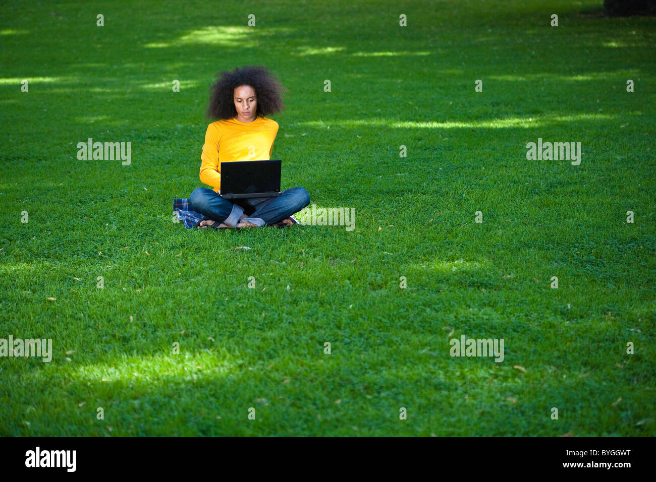 Jeune homme aux cheveux afro sitting on grass with laptop Banque D'Images