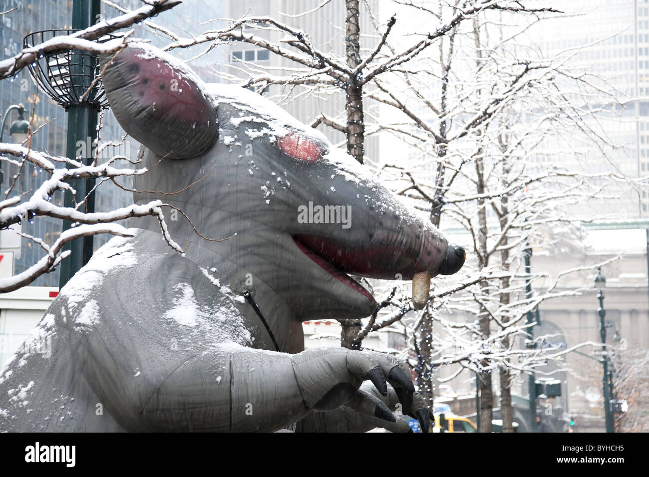 'Cabby' est un Rat géant gonflable aux manifestations de l'Union, à New York, aux États-Unis Banque D'Images