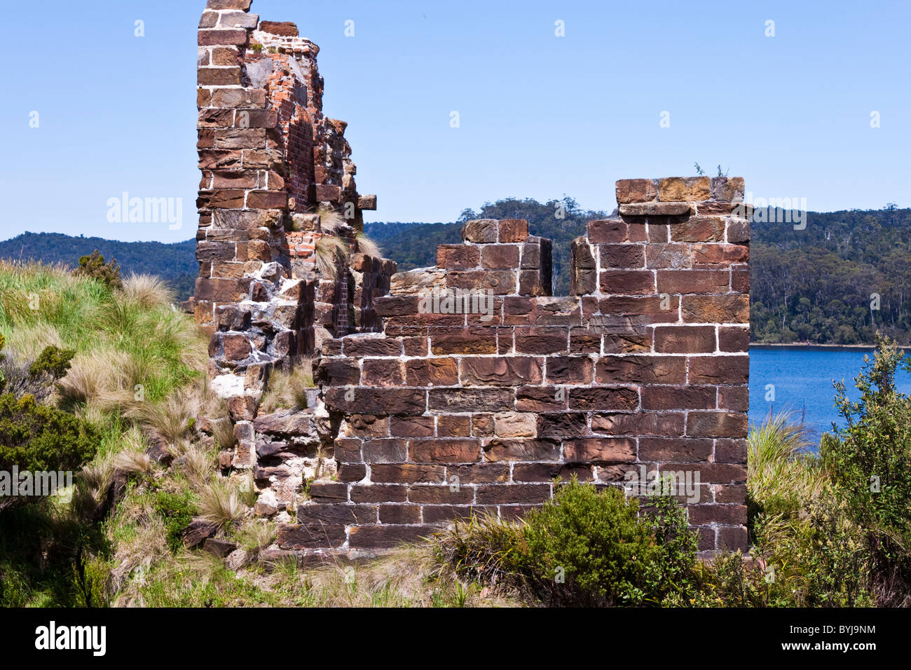 Ruines sur ancien convict colonie pénitentiaire sur Sarah Island dans le port Maquarie, Strahan, Tasmanie, Australie Banque D'Images