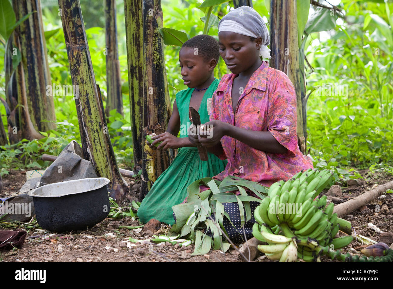 Une femme cuisiniers de bananes pour le repas du soir avec sa fille dans les régions rurales de Masaka, en Ouganda, en Afrique de l'Est. Banque D'Images