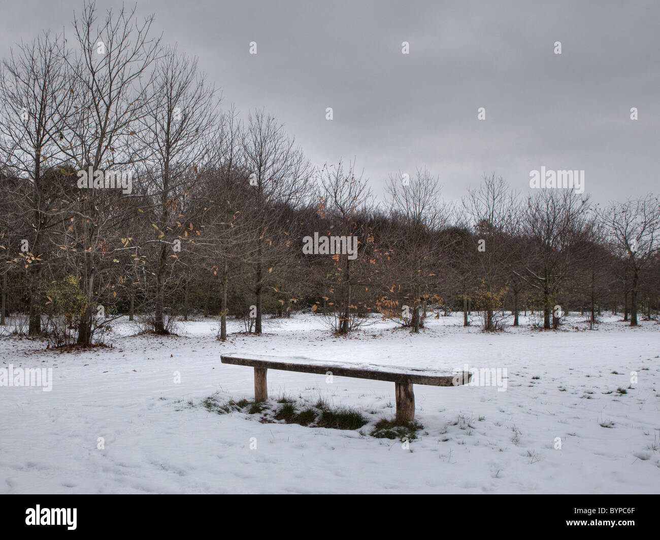 Un banc dans un parc couvert de neige dans la région de East London Banque D'Images