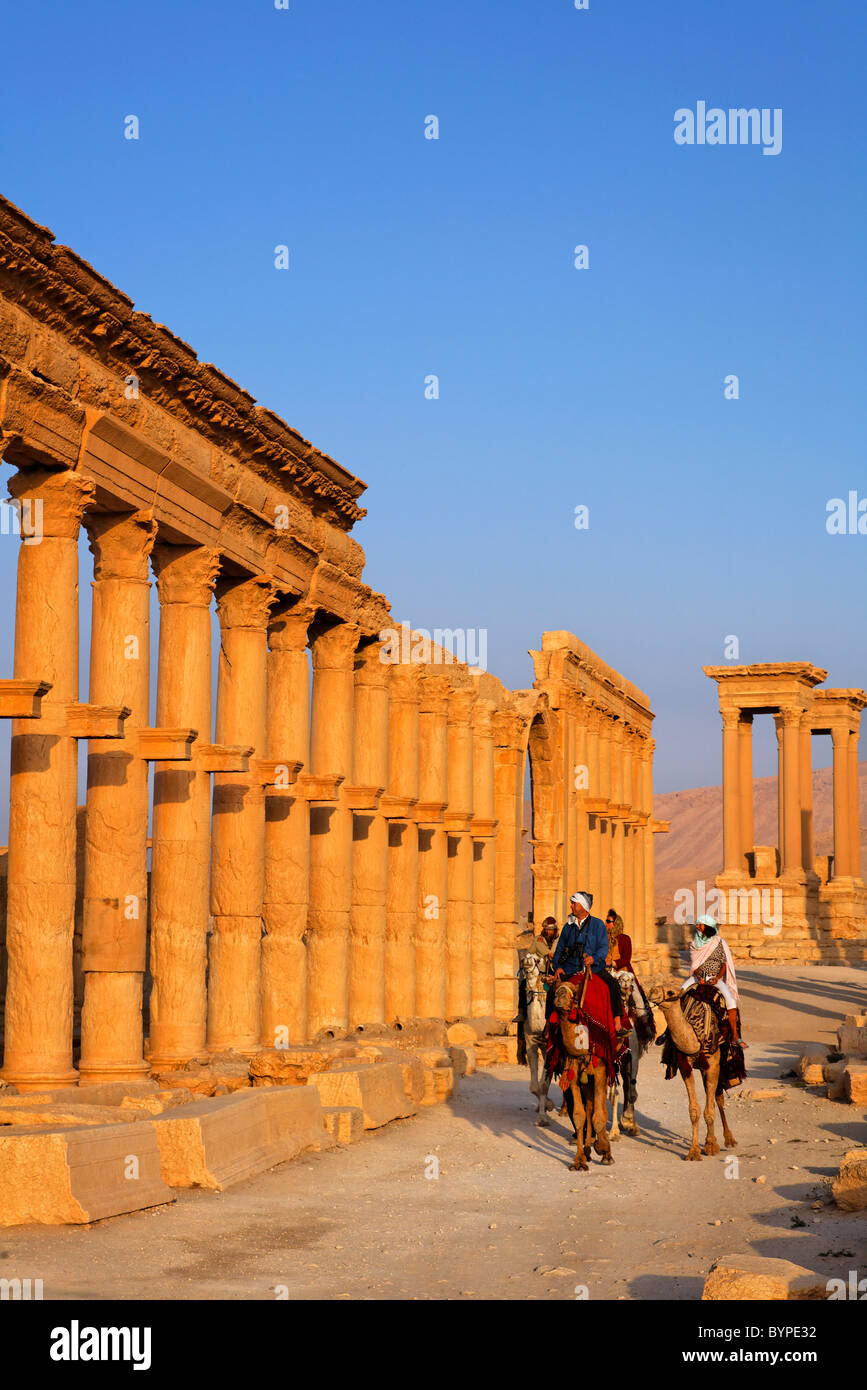 Les touristes chameaux le long de la rue à colonnades, Palmyre, Syrie Banque D'Images