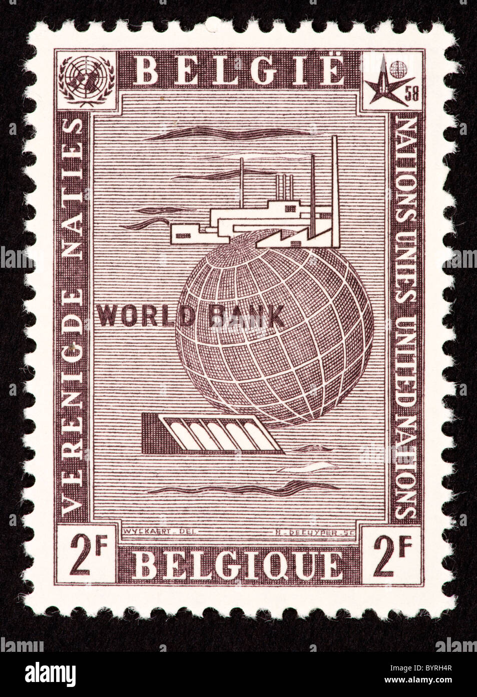 Timbre-poste de Belgique représentant du commerce (pour l'Organisation des Nations Unies et la Banque mondiale). Banque D'Images