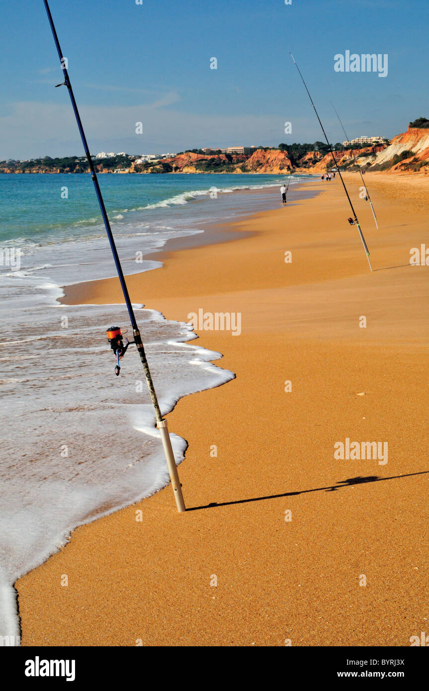 Le Portugal, l'Algarve : cannes à pêche à Praia da Falesia à Albufeira Banque D'Images