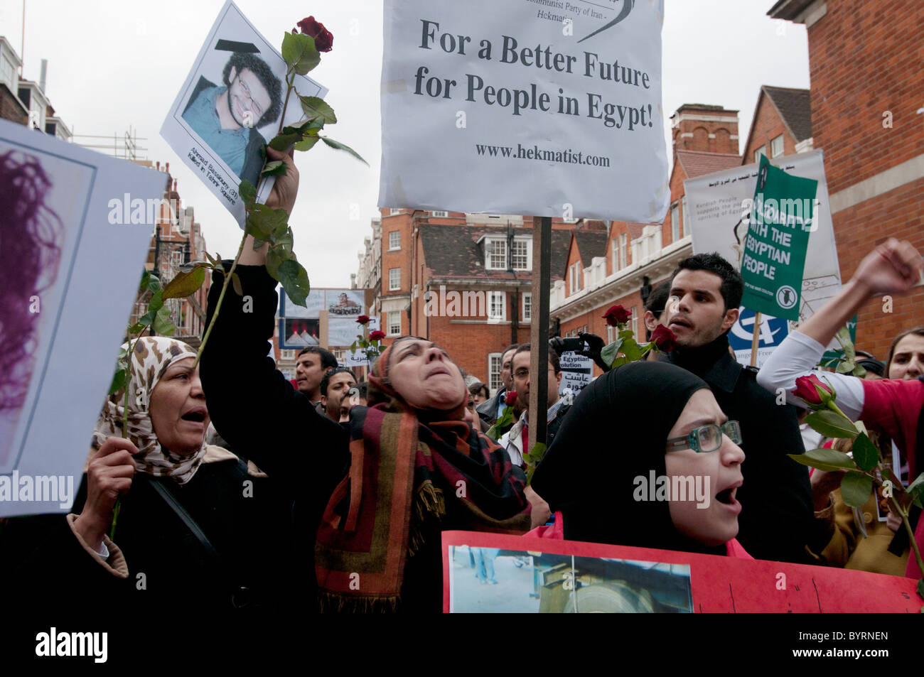 Le 5 février 2011. Protestation contre Moubarak à l'ambassade d'Egypte Londres Banque D'Images