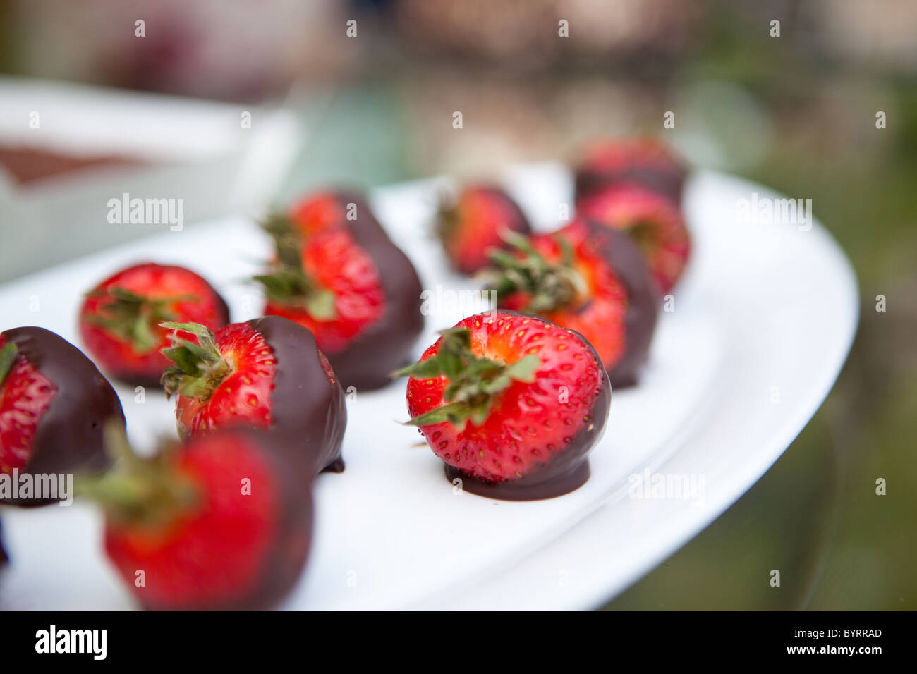 Des fraises au chocolat sur une assiette à la garden party à Victoria, BC, Canada. Banque D'Images