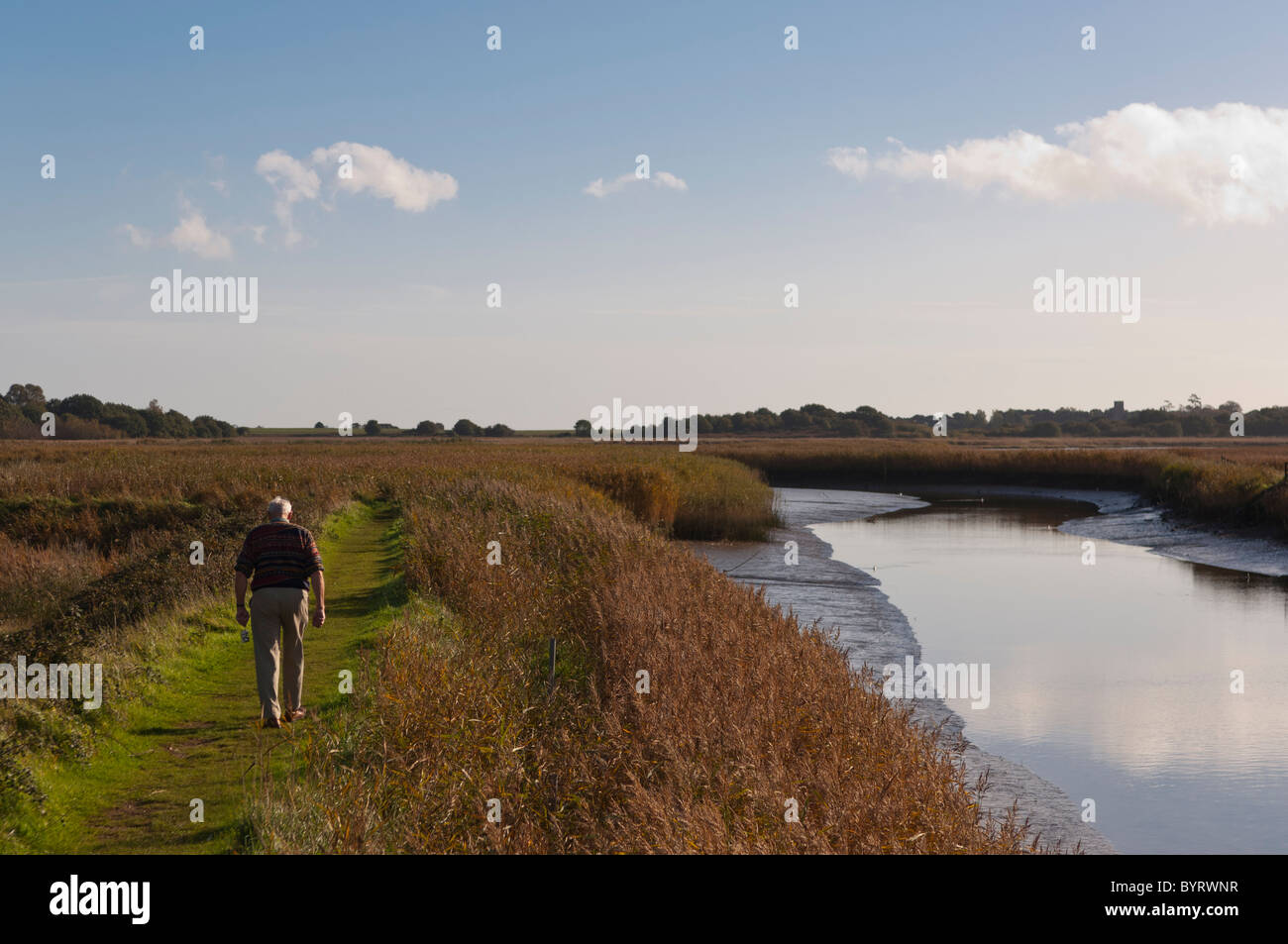 Un homme qui marche près de la rivière Alde au Snape Maltings dans Rogue , Suffolk , Angleterre , Angleterre , Royaume-Uni Banque D'Images