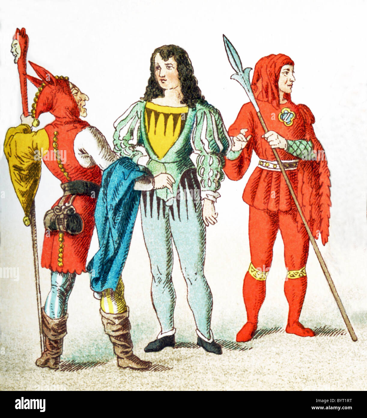 Les chiffres représentés ici sont Allemands entre A.D. 1450-1500. Ils sont, de gauche à droite : jester, chevalier, et l'huissier. Banque D'Images