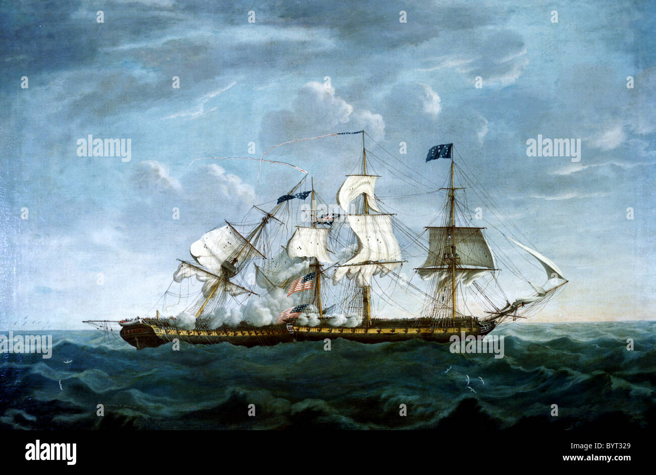 La frégate américaine Constitution comme elle bat l'HMS Guerriere au cours de la guerre de 1812 contre la Grande-Bretagne. Banque D'Images