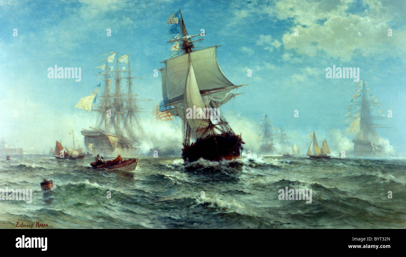 Petit bateau de la Marine américaine Ranger recevant le salut de la flotte française dans la baie de Quiberon, France, 14 février 1778. Banque D'Images