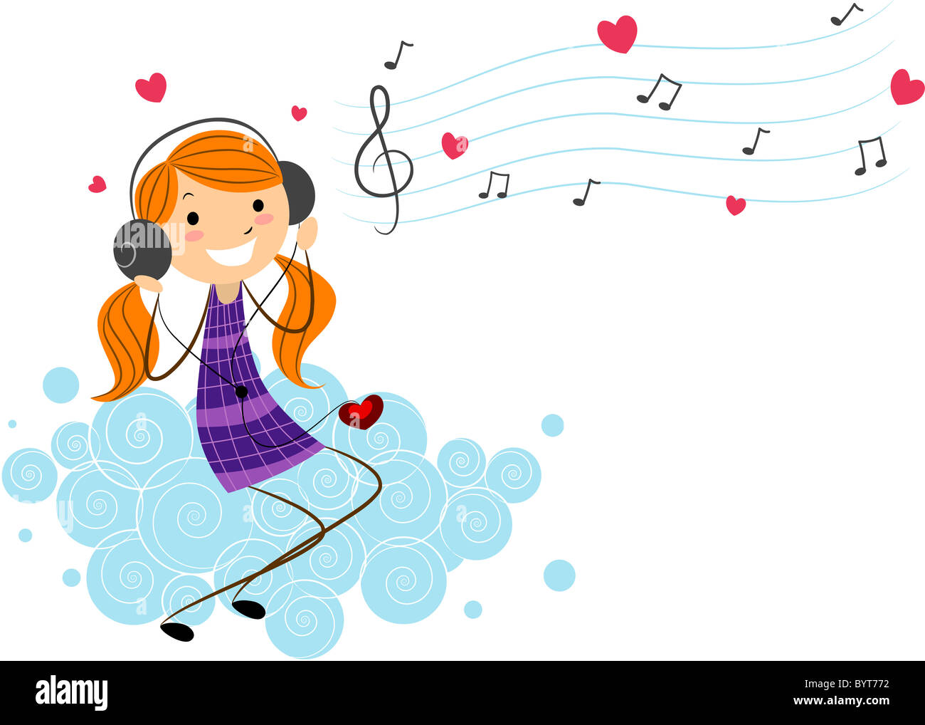 Illustration d'une fille d'écouter de la musique tout en étant assis sur des nuages Banque D'Images